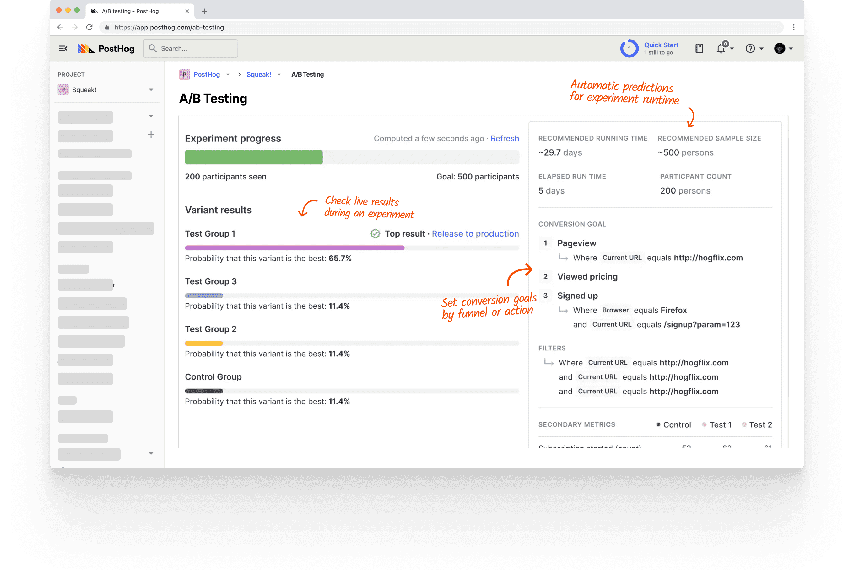 Screenshot of managing an A/B test in PostHog